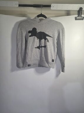 H&M Gray Hoodie with Black Skateboarding Dinosaur Graphic Size 6 To 8 Years.